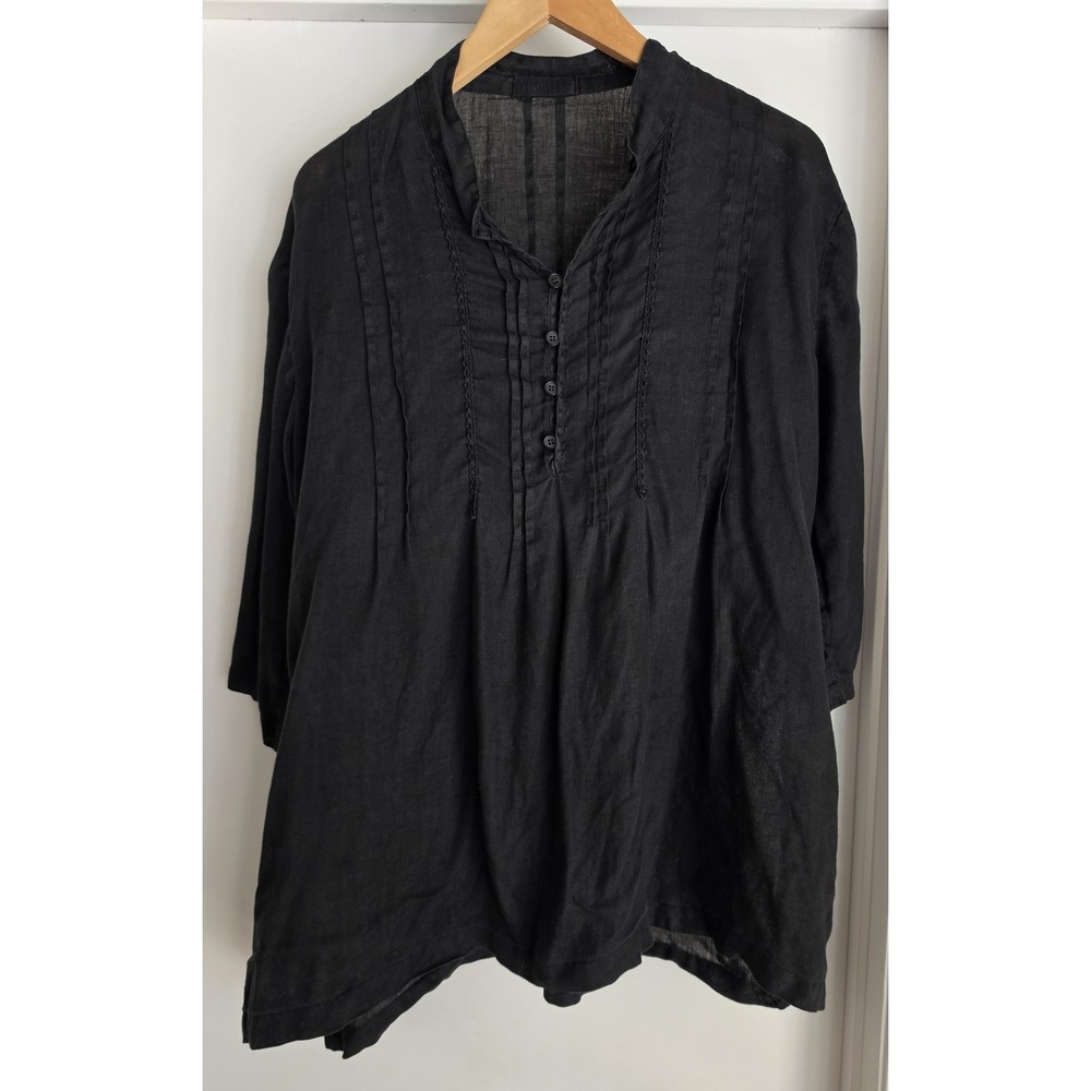 CP Shades 100% Linen Tunic Shirt - Black Pintuck Pleated Button Front - Medium